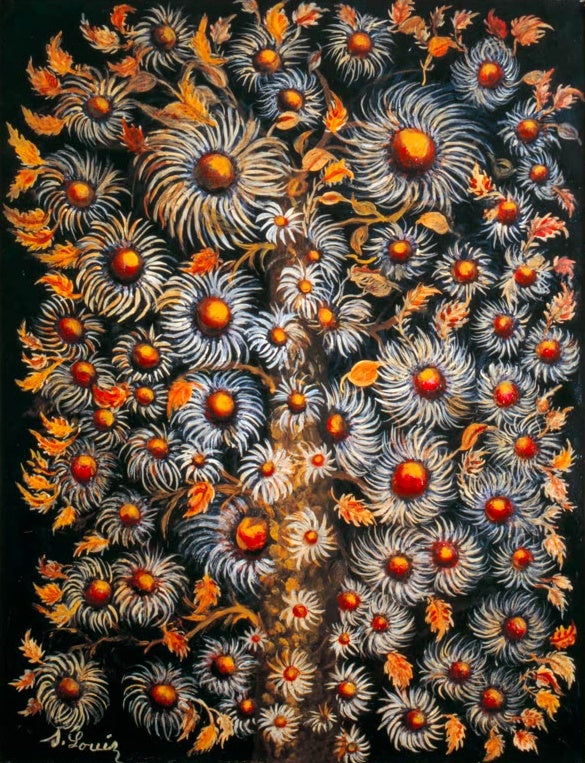 Séraphine Louis Margeriten Kunstkopie, weiße Blüten mit orangefarbenen Mitten und herbstliche Blätter vor schwarzem Grund