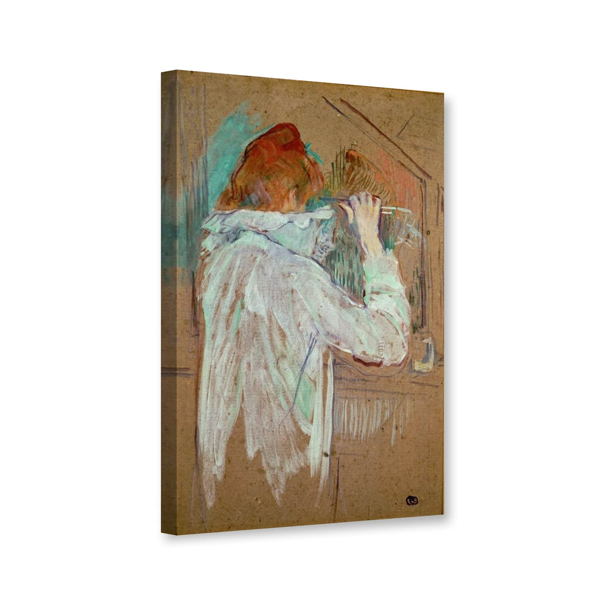 Sich frisierende Frau von Henri de Toulouse-Lautrec als Leinwand – Perspektivansicht