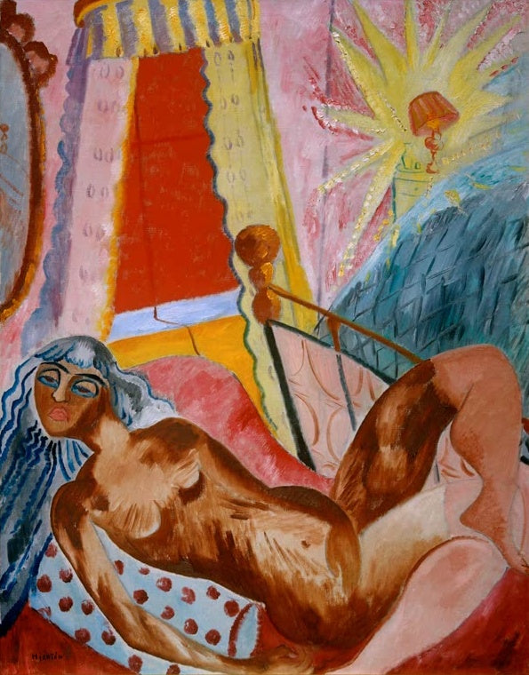 Sigrid Hjertén Die rote Gardine Kunstkopie, liegende Frau im Schlafzimmer mit roter Gardine, Bettpfosten und Lampe