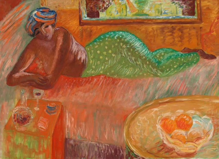 Sigrid Hjertén Liegende Odaliske Kunstkopie, Frau mit Turban auf rotem Lager neben Tisch mit Gläsern und Obstschale