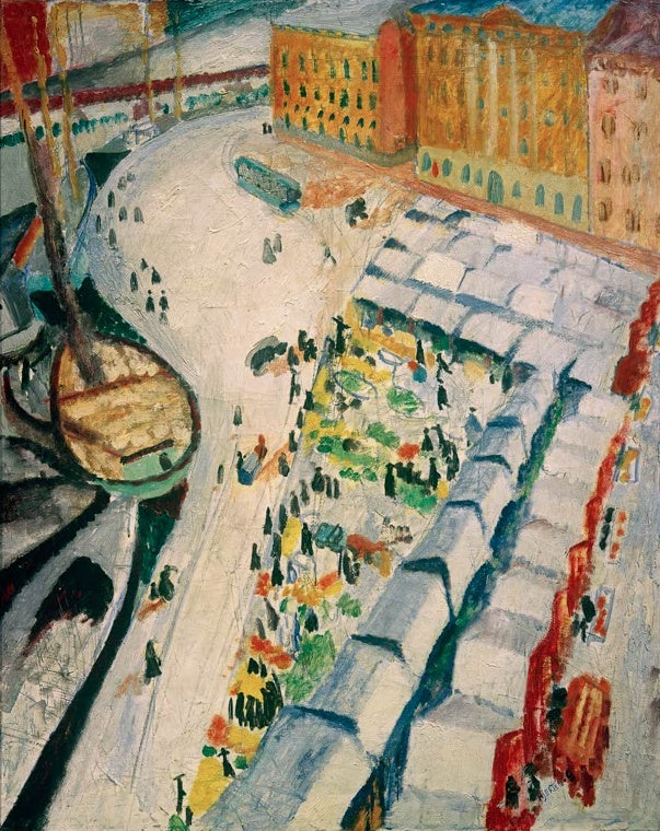 Sigrid Hjertén Vom Kornhamnstorg Kunstkopie, Vogelperspektive auf Marktplatz mit Ständen, Passanten und Häuserfassaden