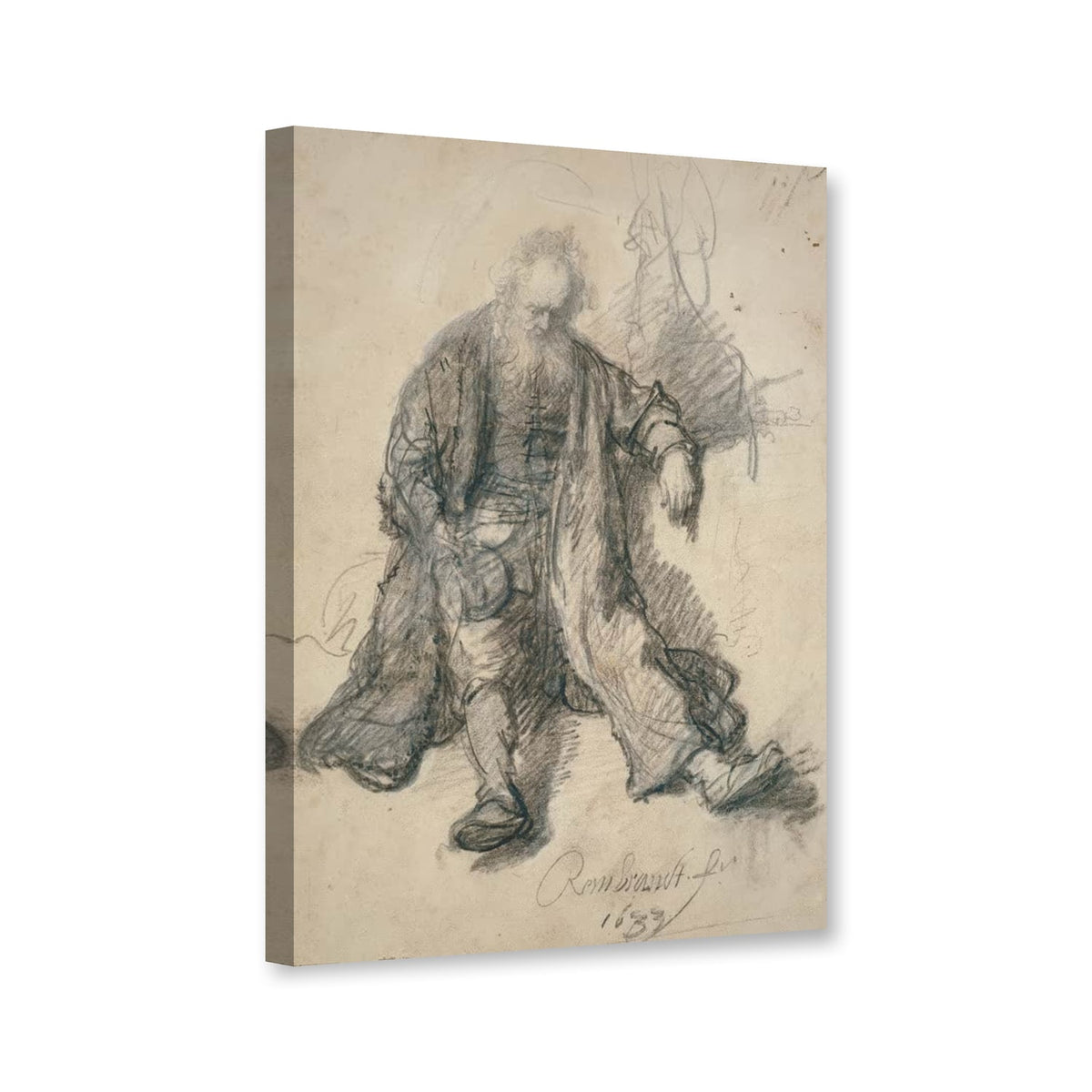Sitzender Greis (Der trunkene Lot?) von Rembrandt van Rijn als Leinwand – Perspektivansicht