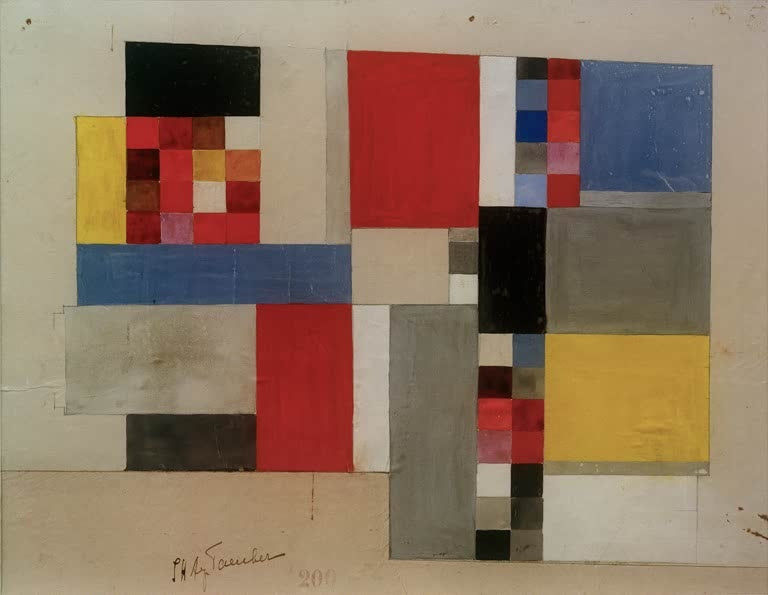 Sophie Taeuber-Arp Aubette 200 Kunstkopie, Entwurf aus roten, gelben, blauen und grauen Rechtecken mit Signatur