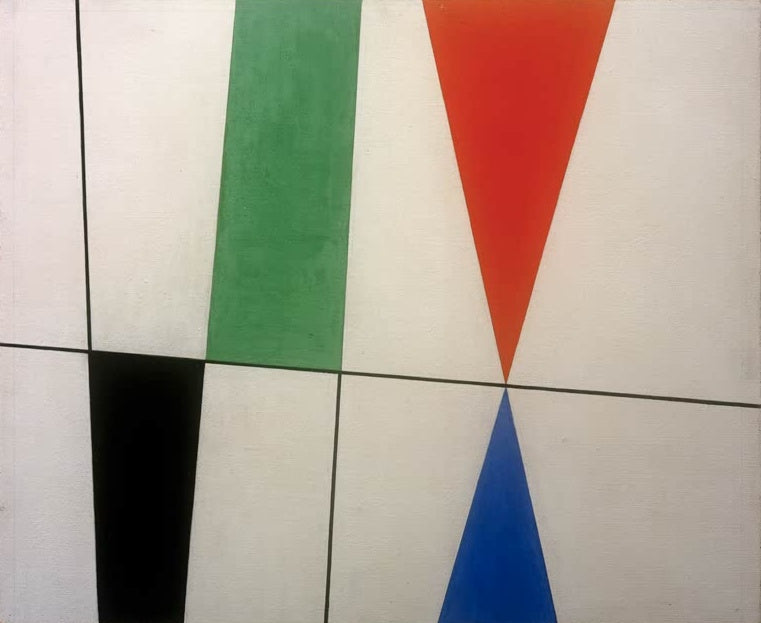 Sophie Taeuber-Arp Flächen und Dreiecke, Spitze auf Spitze Kunstkopie, rotes und blaues Dreieck auf weißem Grund