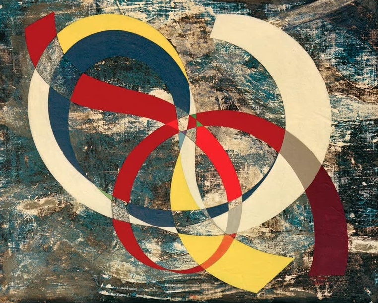 Sophie Taeuber-Arp Knoten in lebendigen Farben vor chaotischem Hintergrund Kunstkopie, Farbbänder vor wildem Grund