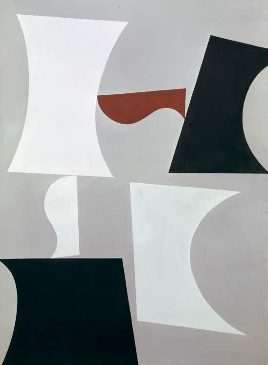 Sophie Taeuber-Arp Komposition in Grau, Schwarz und Weiß Kunstkopie, abstrakte Tempera in Weiß, Schwarz und Rostrot auf Grau
