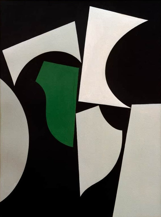 Sophie Taeuber-Arp Komposition mit Bogenflächen Kunstkopie, weiße und grüne Bogenflächen auf Schwarz