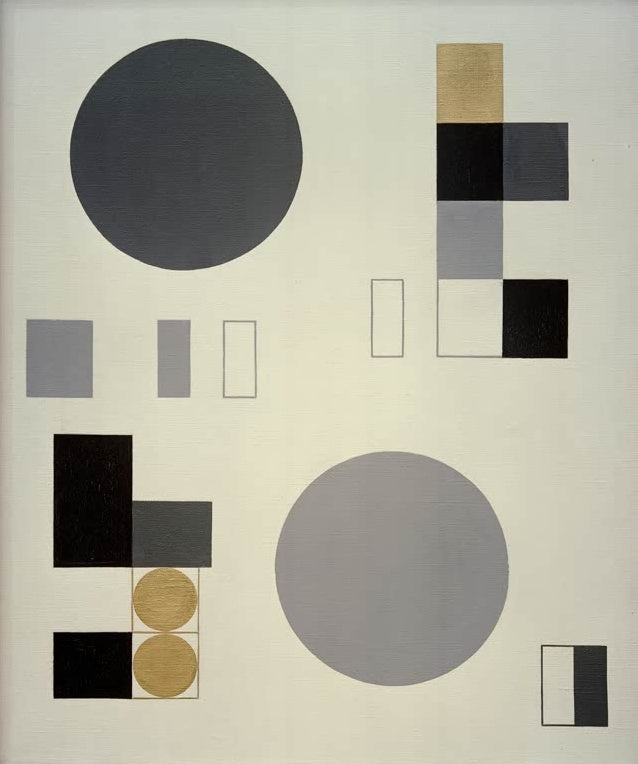 Sophie Taeuber-Arp Komposition mit Kreisen und Rechtecken Kunstkopie, graue Kreise, Rechtecke und goldene Scheiben