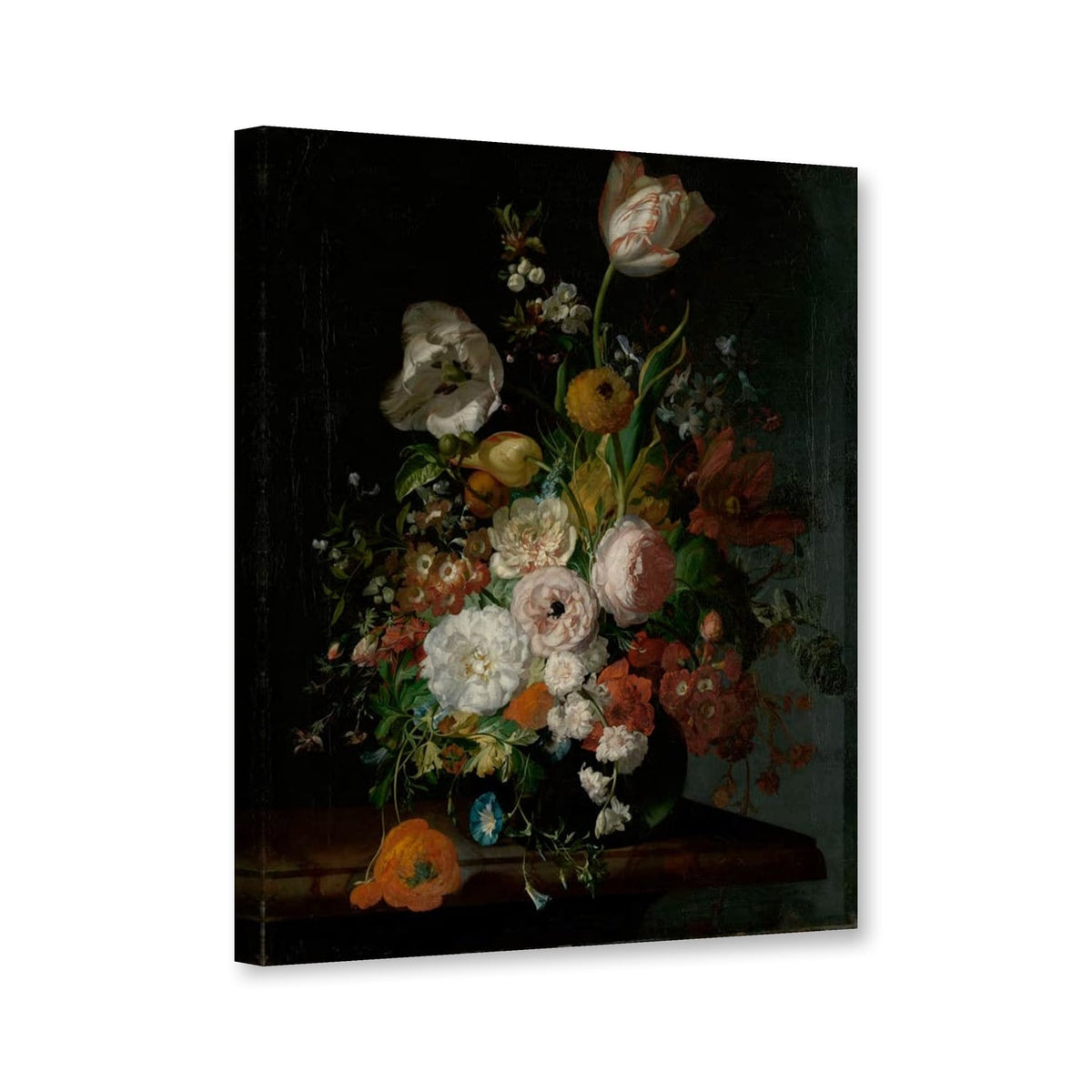 Stillleben mit Blumen in einer Glasvase von Rachel Ruysch als Leinwand – Perspektivansicht
