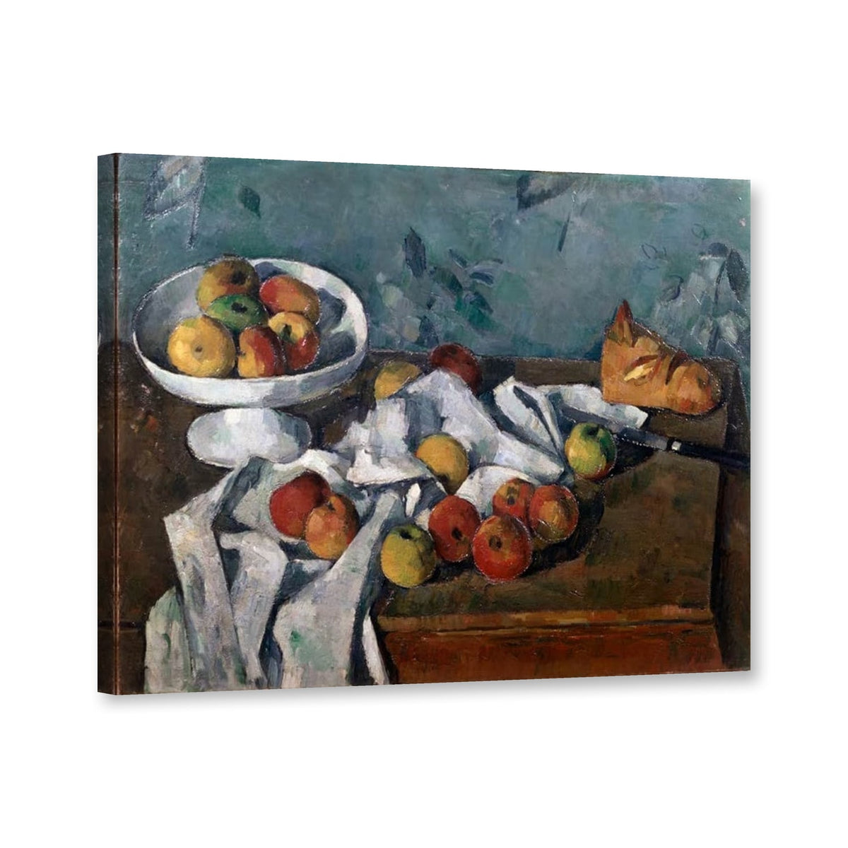 Stillleben mit Obstschale, Äpfeln und Brot von Paul Cézanne als Leinwand – Perspektivansicht