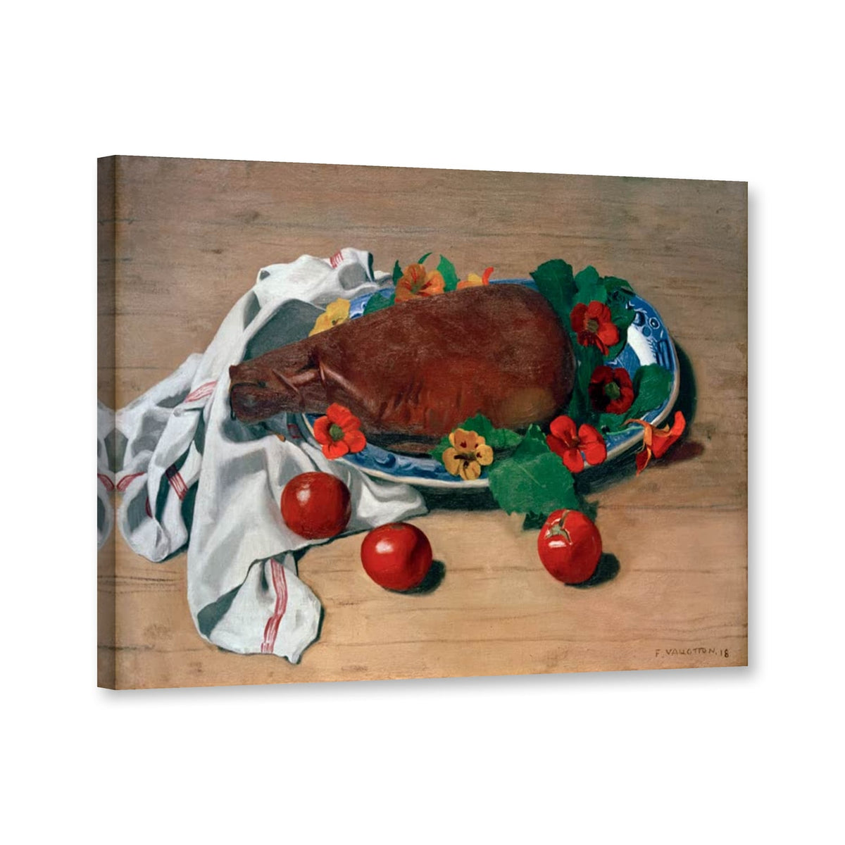 Stillleben mit Schinken und Tomaten von Félix Vallotton als Leinwand – Perspektivansicht