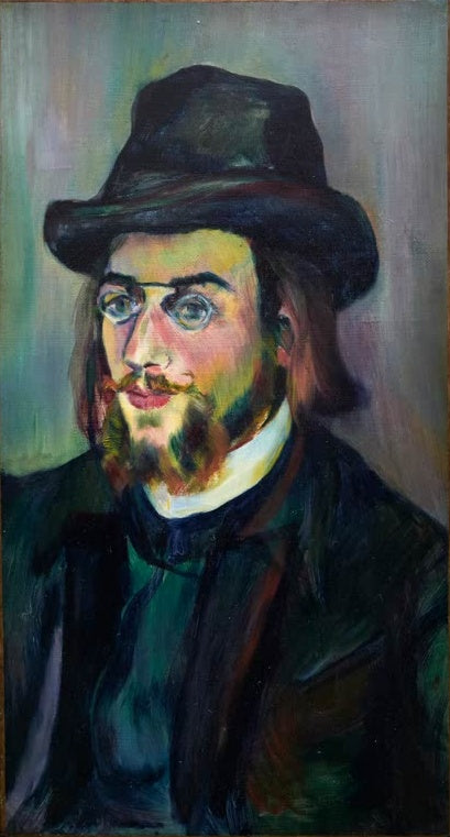 Suzanne Valadon Bildnis Erik Satie Kunstkopie, Brustbild eines bärtigen Mannes mit Zwicker und dunklem Hut