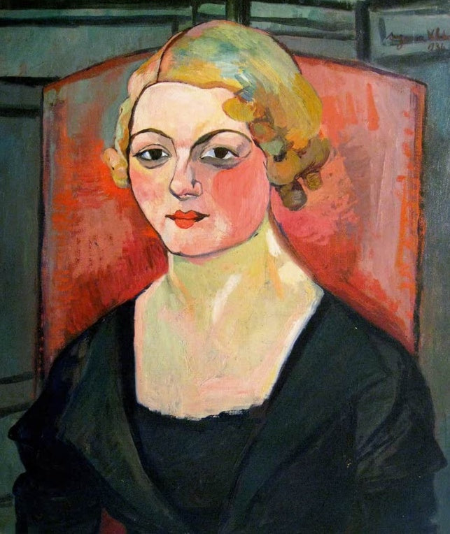 Suzanne Valadon Bildnis Geneviève Carmax-Zoegger Kunstkopie, junge Frau mit blonden Locken vor rotem Sessel