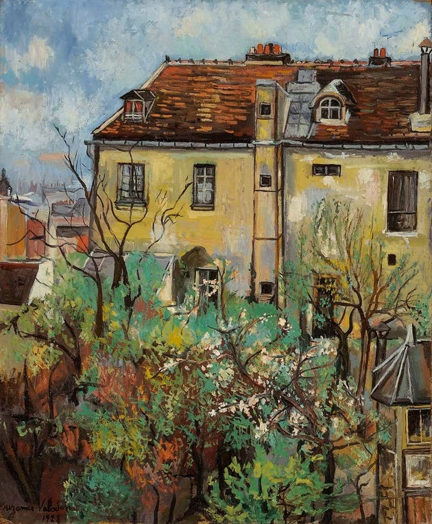 Suzanne Valadon Blühender Garten in der Rue Cortot Kunstkopie, gelbes Haus mit rotem Dach hinter blühenden Bäumen