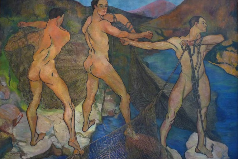Suzanne Valadon Das Einholen der Netze Kunstkopie, drei nackte Männer mit Fischernetzen an einem blauen Gewässer