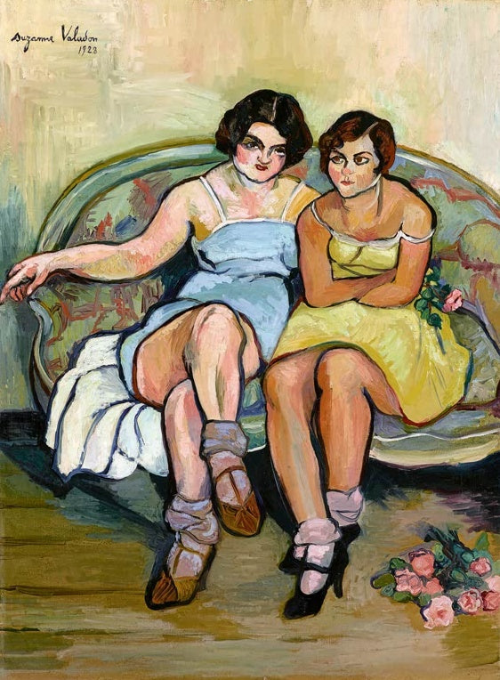Suzanne Valadon Die beiden Schwestern Kunstkopie, zwei junge Frauen in blauem und gelbem Kleid auf einem Sofa