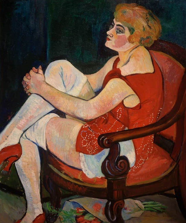 Suzanne Valadon Frau mit weißen Strümpfen Kunstkopie, blonde Frau im roten Kleid sitzt im Sessel, Blick nach oben