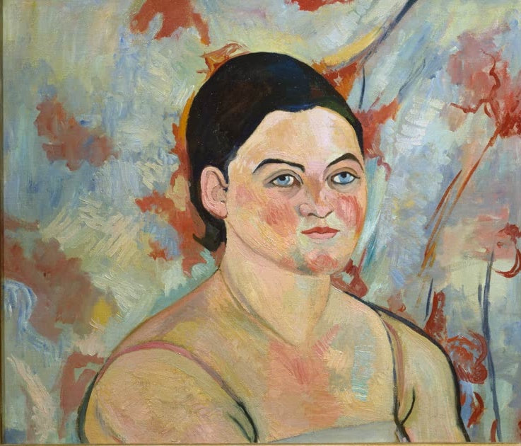 Suzanne Valadon Frauenbildnis Kunstkopie, Brustbild einer Frau mit dunklem Haar vor blaurosa gemustertem Hintergrund