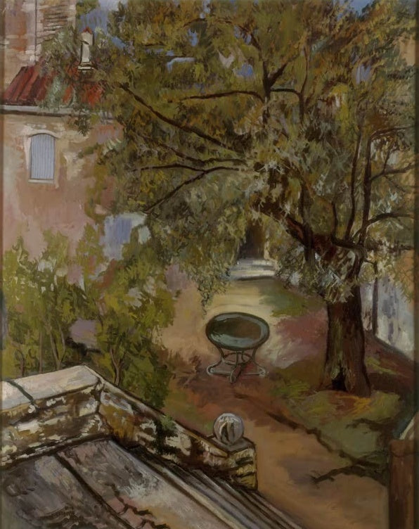 Suzanne Valadon Landschaft mit Gartentisch Kunstkopie, Blick auf einen Garten mit großem Baum und rundem Tisch