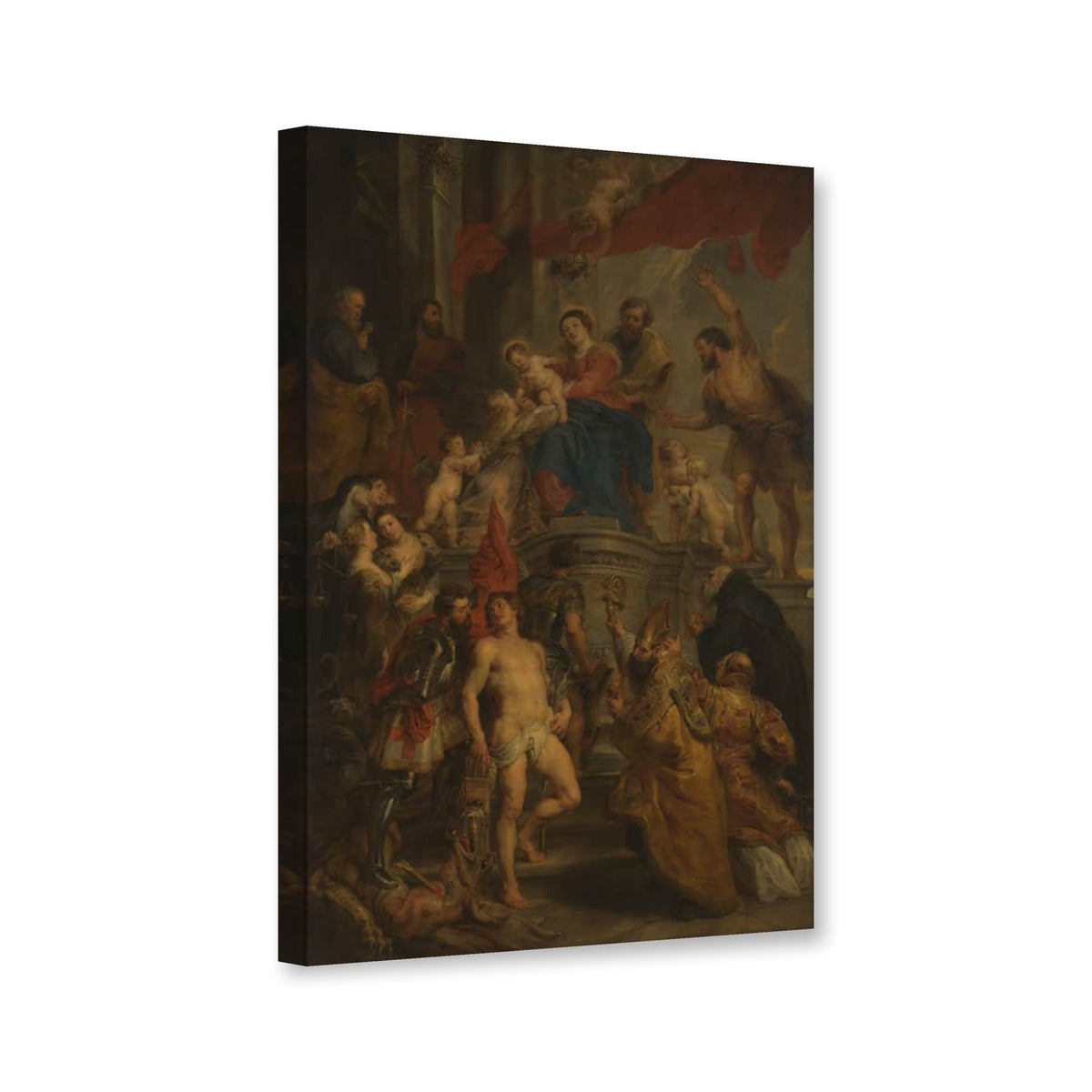 Thronende Madonna von Heiligen verehrt, Altarbild von Peter Paul Rubens als Leinwand – Perspektivansicht