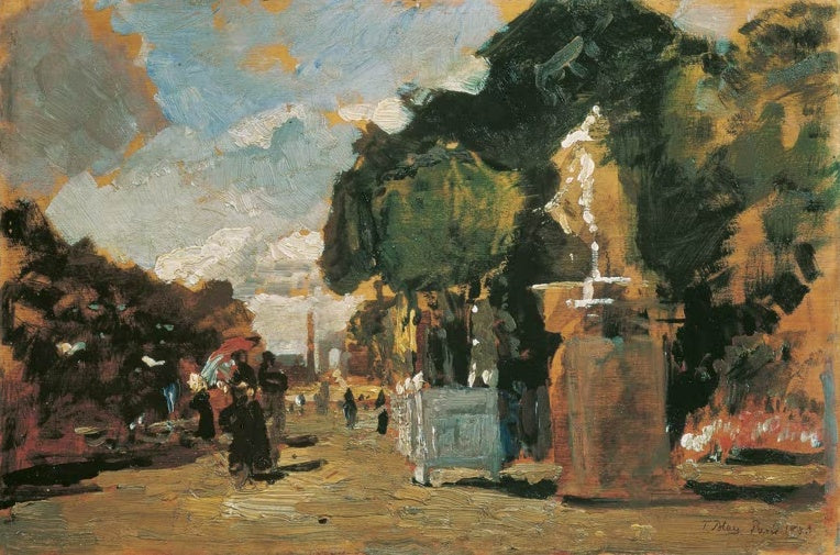 Tina Blau Aus den Tuilerien Sonniger Tag Kunstkopie, Pariser Parkallee mit Spaziergängern, Skulptur und goldenem Licht