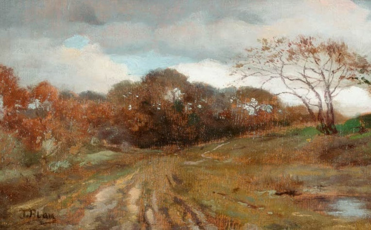 Tina Blau Bewaldete Wiesenlandschaft nach dem Regen Kunstkopie, herbstlicher Feldweg mit Pfütze unter bewölktem Himmel