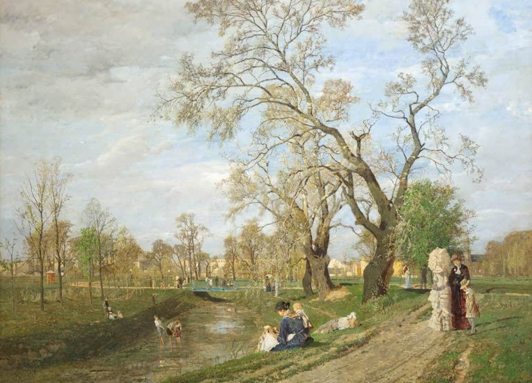 Tina Blau Frühling im Prater Kunstkopie, knospende Bäume am Wasserlauf mit Spaziergängern und spielenden Kindern