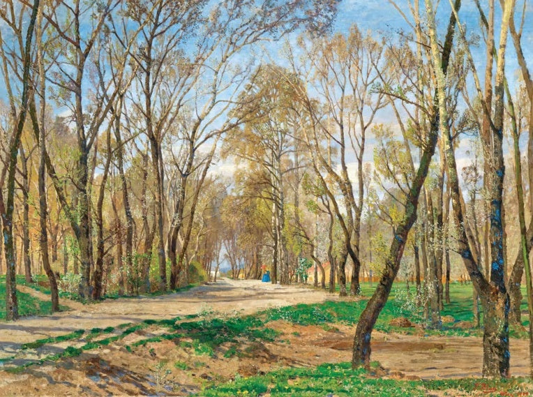 Tina Blau Frühling im Wiener Prater Kunstkopie, sonnige Allee mit hohen Bäumen und einer Spaziergängerin im blauen Kleid