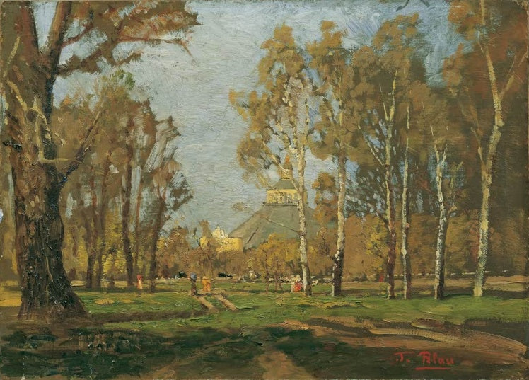 Tina Blau Im Prater bei der Rotunde Kunstkopie, herbstliche Birken und Eichen auf grüner Wiese vor dem Kuppelbau
