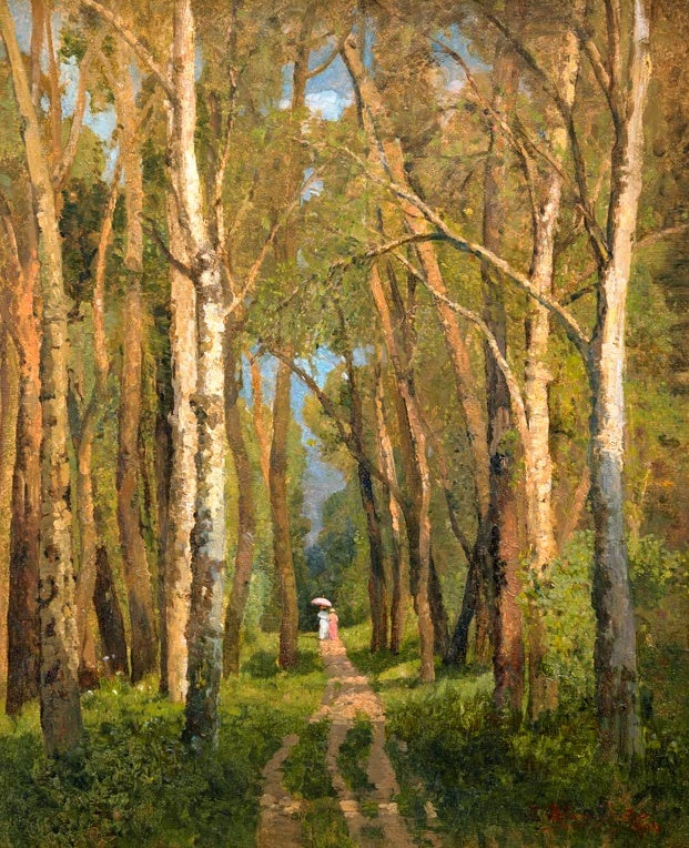 Tina Blau Im Prater Waldweg Kunstkopie, zwei Spaziergängerinnen mit Sonnenschirm zwischen hellen Baumstämmen im Sommerlicht