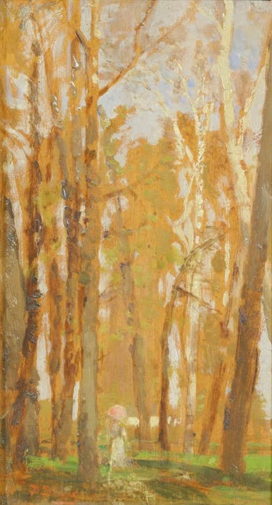 Tina Blau Spaziergang im Prater Kunstkopie, Dame mit rosa Sonnenschirm zwischen goldocker leuchtenden Baumstämmen