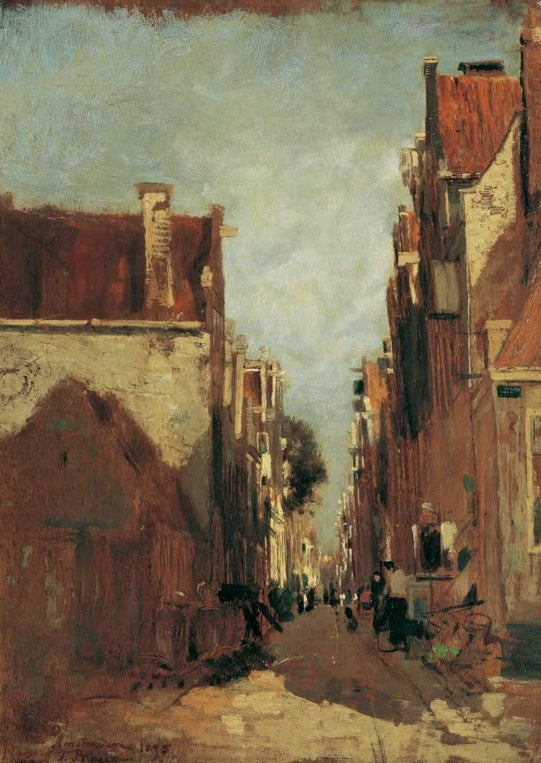 Tina Blau Straße in Amsterdam Kunstkopie, enge Gasse mit rotbraunen Giebelhäusern und Passanten im Sonnenlicht