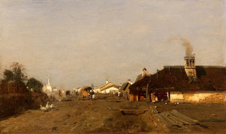 Tina Blau Straße in Szolnok Kunstkopie, Dorfstraße mit Gänsen, Fuhrwerk und strohgedecktem Haus unter hellem Himmel