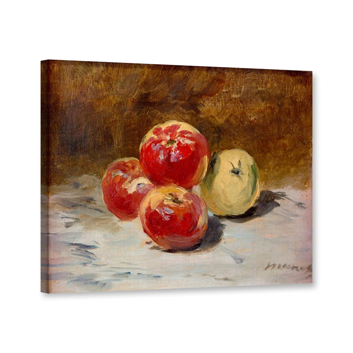 Vier Äpfel von Édouard Manet als Leinwand – Perspektivansicht
