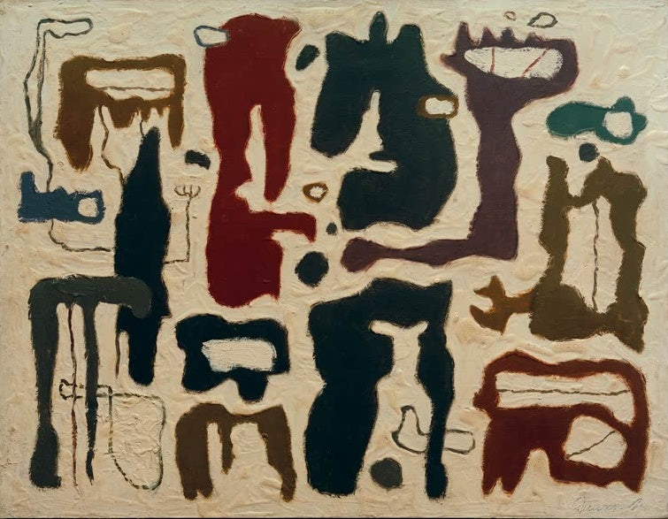Dunkle und rote Figurenzeichen auf hellem, reliefartigem Grund – Willi Baumeister Afrikanische Erzählung Kunstkopie