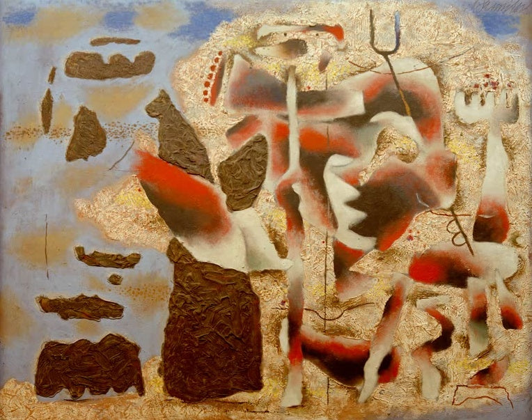 Rot-weiße Figurengruppe und braune Flächen auf goldgrauem, strukturiertem Grund – Willi Baumeister Atlantis Kunstkopie