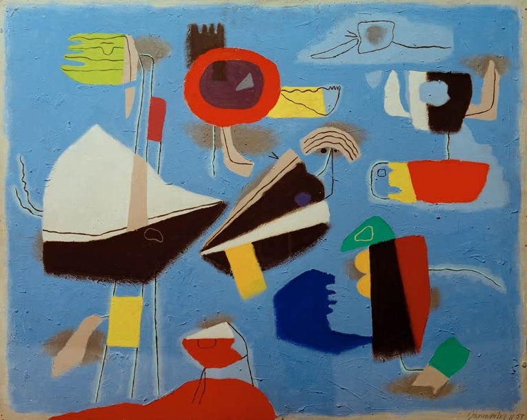 Segelartige Formen und Figuren in Rot, Gelb und Schwarz auf blauem Grund – Willi Baumeister Der Fächer auf Blau Kunstkopie