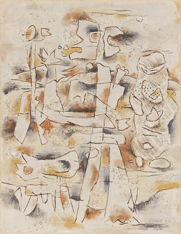 Abstrakte Figurenlandschaft in Erdtönen mit feinen braunen Konturlinien – Willi Baumeister Felsige Landschaft Kunstkopie