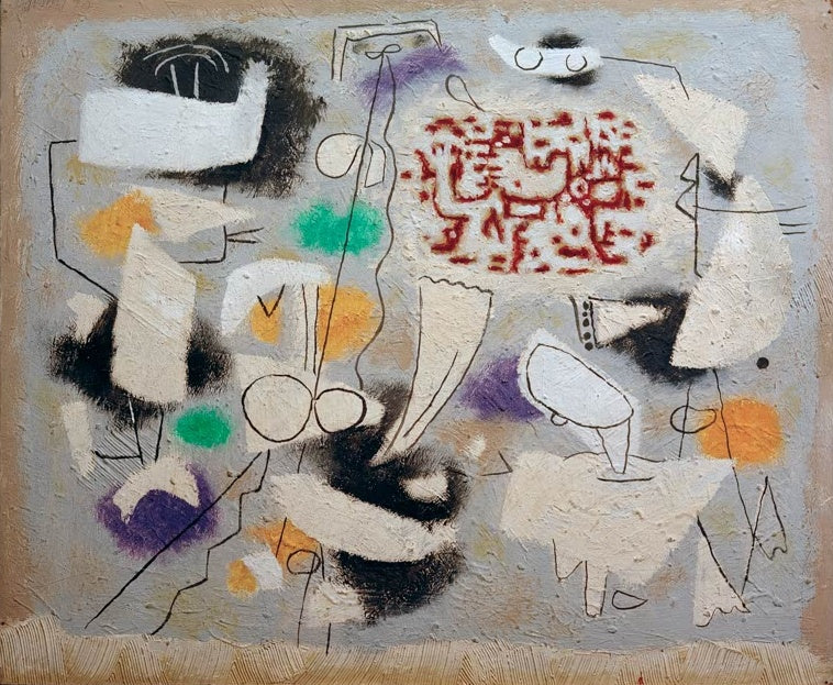 Graublaue Fläche mit weißen, schwarzen und bunten Formen – Willi Baumeister Lyrik mit kleinen Fantom-Formen Kunstkopie