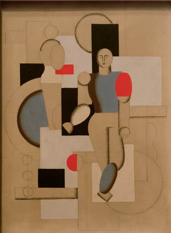 Zwei geometrisch vereinfachte Figuren in Grau, Schwarz und Rot auf sandfarbenem Grund – Willi Baumeister Monteure Kunstkopie
