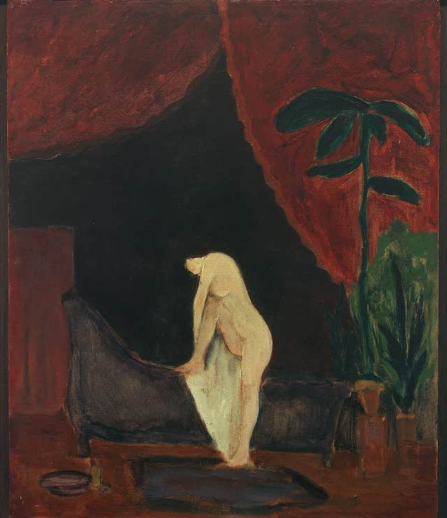 Nackte Frau trocknet sich vor dunklem Sofa, roter Vorhang und Zimmerpflanze – Willi Baumeister Nach dem Bad Kunstkopie