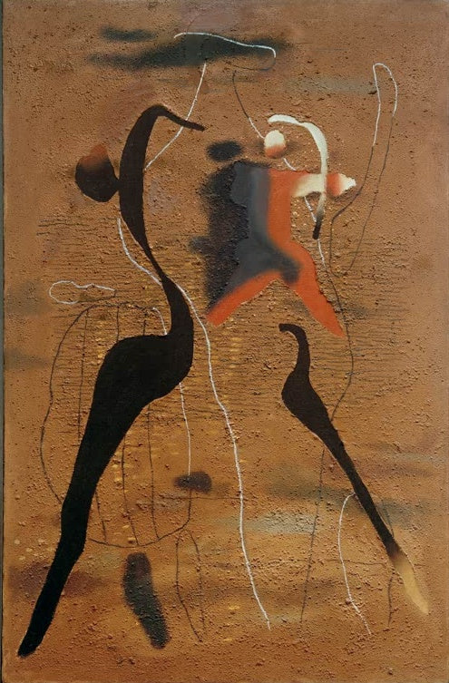 Schwarze und orangerote Formen mit weißen Linien auf Ockergrund – Willi Baumeister Schreitende Figur Kunstkopie