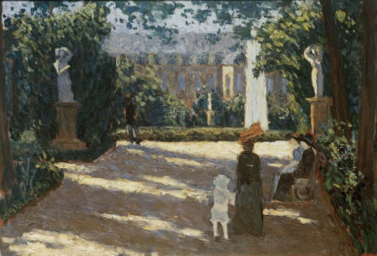 Sonnenfleckiger Parkweg mit Frau, Kind und Statuen vor einem Schloss – Willi Baumeister Stuttgarter Anlagen Kunstkopie