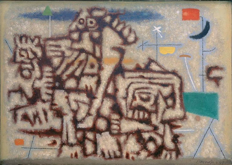 Gekörnte dunkel konturierte Urformen mit Mond und Dreieck – Willi Baumeister Zwei Weltalter (Variante auf Blau) Kunstkopie