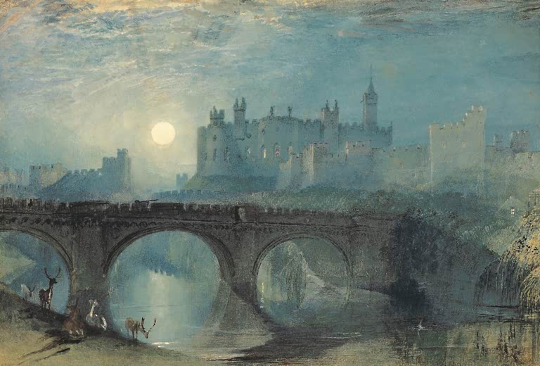 William Turner Alnwick Castle im Mondlicht Kunstkopie, Burg hinter Steinbrücke mit Hirschen am Ufer unter hellem Mond