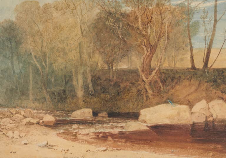 William Turner Am Washburn, mit Eisvogel Kunstkopie, Fluss mit Felsen, Eisvogel und hohe Bäume im warmen Licht