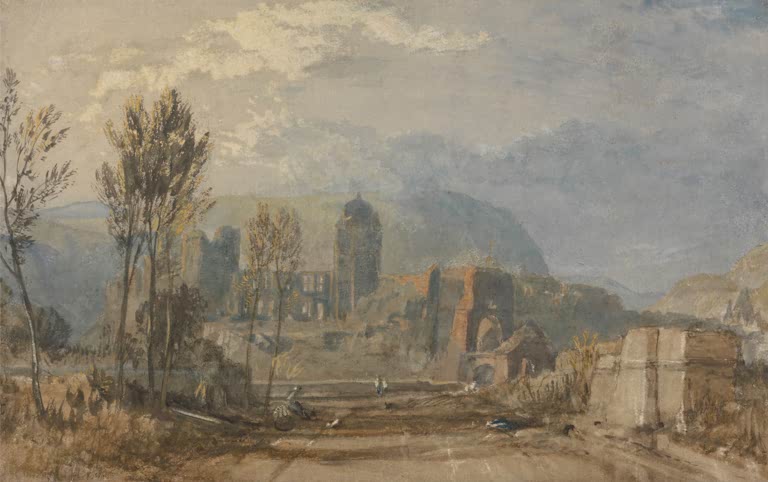 William Turner Andernach am Rhein Kunstkopie, Ruinen und Turm vor Hügeln unter wolkigem Himmel