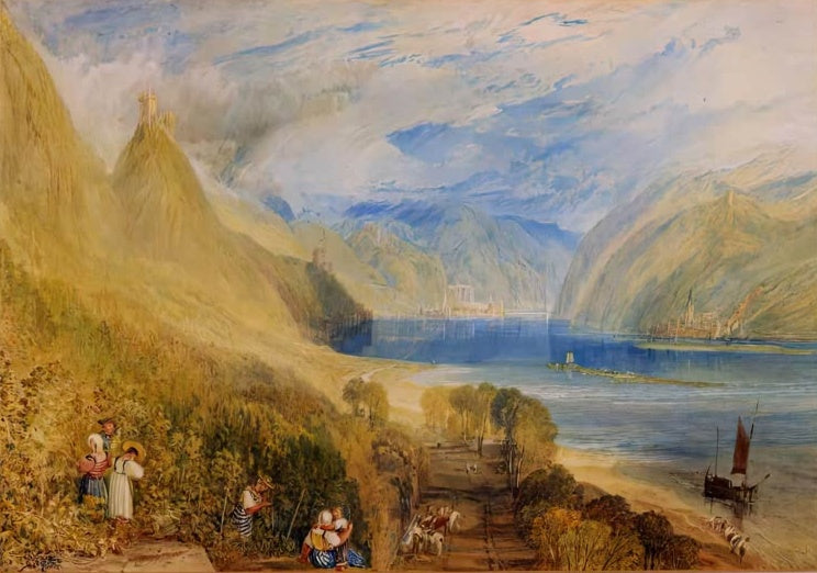 William Turner Bacharach am Rhein Kunstkopie, Winzerinnen am Weinberg über dem Strom mit Segelboot und Wolkenhimmel