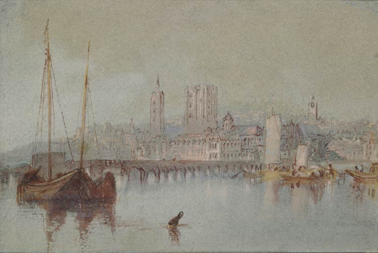 William Turner Beaugency Kunstkopie, dunstige Stadtsilhouette mit Brücke, Lastsegler im stillen Wasser