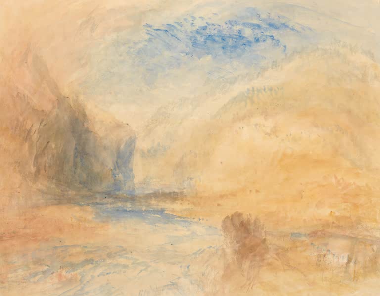 William Turner Berglandschaft mit See Kunstkopie, zerfließende Berge in Ocker und Blau unter hellem Himmel